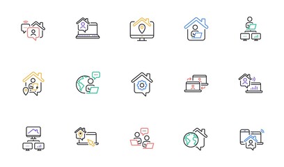 Work at home line icons. Remote worker, Freelance job, Office employee. Stay at home, internet work, remote teamwork line icons. Worker with computer, home workspace, shared network. Vector