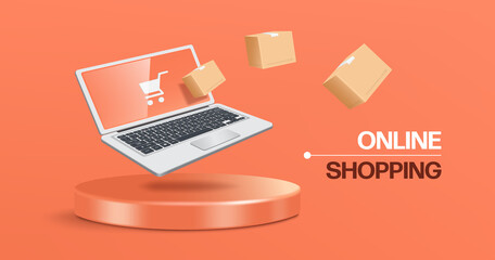 A parcel box floats from a laptop computer with shopping cart icon on screen and all objects float on a spherical podium,vector 3d isolated on pastel orange background for and online shopping concept