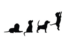 Dogs Silhouette In Different Poses. The Dog Is Sitting. The Dog Lies. The Dog Is Standing. The Dog Is Jumping. Beagle Silhouette. Set. Vector Flat Illustration