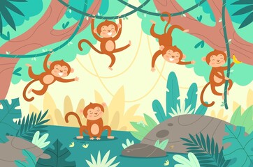 Wall Mural - Cute monkeys in jungle. Funny little marmosets play in tropical forest, climbing vines and trees, rainforest exotic plants, cartoon pretty baby animals, childish background, vector concept