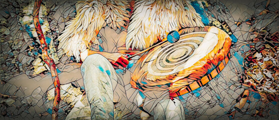 Fototapete - shamanic man playing on drum in the nature. Painting effect.