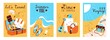 Travel cards. Summer time beach holiday elements, sea vacation accessories, journey banners. Cartoon luggage, ukulele and camera, tropical seaside resort vector summertime posters set