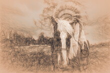 Shaman Woman In Landscape With Her Horse And Drawing Efect.