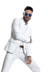 Wall Mural - cool bearded businessman with sunglasses holding arms in a fashion pose