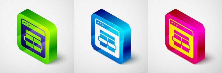 Isometric MySQL code icon isolated on grey background. HTML Code symbol for your web site design. Square button. Vector