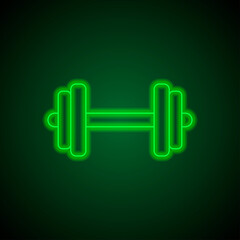 Dumbbell simple icon vector. Flat desing. Green neon on black background with green light.ai