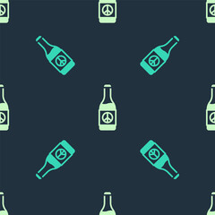 Sticker - Green and beige Beer bottle icon isolated seamless pattern on blue background. Vector