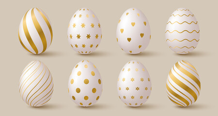 Easter eggs collection. White and gold 3d elegant design elements.