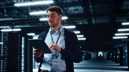 Fototapete - Successful Data Center IT Specialist Using Tablet Computer. Server Farm Cloud Computing Facility with System Administrator Working. Data Protection Engineering Network for Cyber Security.