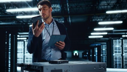 Aufkleber - Successful Data Center IT Specialist Using Tablet Computer. Server Farm Cloud Computing Facility with System Administrator Working. Data Protection Engineering Network for Cyber Security.