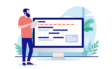 project manager - male person standing by computer with project management calendar software plannin