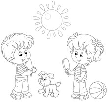 Happy Little Kids With Chocolate Ice Cream Walking On A Sunny Summer Day, Black And White Outline Vector Cartoon Illustration For A Coloring Book Page