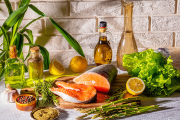 Canvas Print - piece of raw salmon fish with spices and herbs