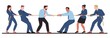 Business competition tug of war. People in office clothes pulling on opposite rope ends. Men and women mixed teams. Competitive game. Corporate rivalry and conflict. Vector concept