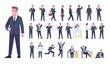 © VectorBum - Cartoon businessman character poses. Manager in formal suit. Different gestures and situations. Employee working process. Actions and emotion expressions. Vector worker positions set
