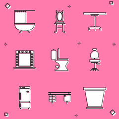 Canvas Print - Set Bathtub with shower curtain, Chair, Round table, Makeup mirror lights, Toilet bowl, Office chair, Refrigerator and desk icon. Vector