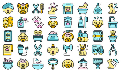 Canvas Print - Dogs spa icons set outline vector. Shower grooming. Animal spa