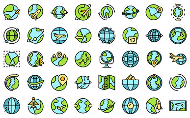 Poster - Around the world icons set outline vector. Globe world. Arrow wire