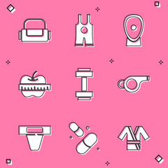 Sticker - Set Sport bag, Wrestling singlet, Boxing training paws, Apple and measuring tape, Dumbbell, Whistle, Groin guard and Vitamin pill icon. Vector