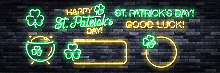 Vector set of realistic isolated neon sign of St. Patrick's Day logo on the wall background.