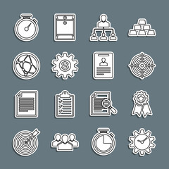 Sticker - Set line Time Management, Medal with star, Target sport, Referral marketing, Gear dollar symbol, Social network, Stopwatch and Identification badge icon. Vector