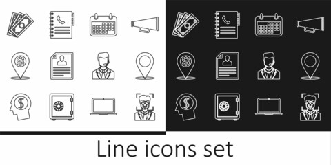 Wall Mural - Set line Face recognition, Map pin, Calendar, Resume, Cash location, Stacks paper money cash, Man with headset and Phone book icon. Vector