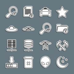 Sticker - Set line Moon and stars, Two crossed hammers, Unknown directory, Taxi car, UFO flying spaceship, search and Search location icon. Vector