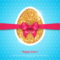 Wall Mural - Happy Easter greeting card template with golden egg and pink bow. Vector illustration. Easter gift. Abstract egg shape with gold sequins pattern on blue polka dots textured backdrop.