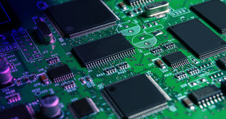 Wall Mural - Closeup of Printed Circuit Board with processor, integrated circuits and many other surface mounted passive electrical components.