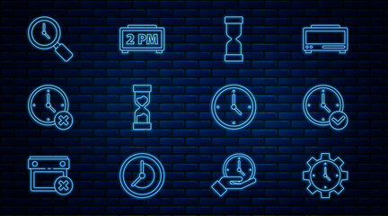 Wall Mural - Set line Time Management, Clock, Old hourglass, delete, Magnifying with clock, and Digital alarm icon. Vector