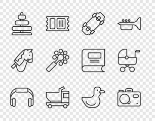 Sticker - Set line Headphones, Photo camera, Skateboard, Toy truck, Pyramid toy, Rattle baby, Rubber duck and Baby stroller icon. Vector