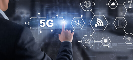 Wall Mural - 5g network wireless internet concept. man touching 3d icon 5g