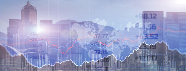 Wall Mural - Double explosure with businesss charts and financial district of megapolis