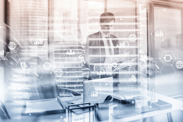 Wall Mural - Diagram automation innovation concept. Against the background of young businessmen in the office