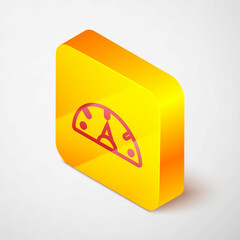 Wall Mural - Isometric line Speedometer icon isolated on grey background. Yellow square button. Vector