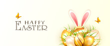 Golden Easter Eggs And Rabbit On White Background
