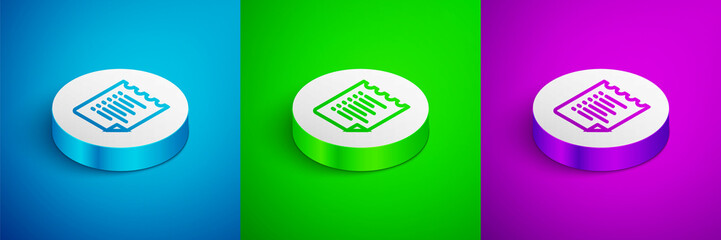 Isometric line Sport training program or fitness plan icon isolated on blue, green and purple background. White circle button. Vector