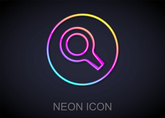 Canvas Print - Glowing neon line Magnifying glass icon isolated on black background. Search, focus, zoom, business symbol. Vector