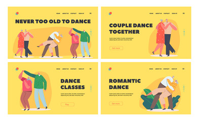 Wall Mural - Loving Senior Couples Dance Landing Page Template Set. Happy Old Men and Women Embracing, Holding Hands