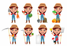 Farmer Woman Cartoon Character, Set Of Eight Poses