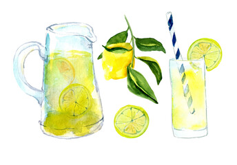 Watercolor hand drawn lemonade drink in decanter and glass. Illustration of homemade lemon drink and lemon fruti. Design for season offers, decor, menu, recipe, party crafts, ready to use template.