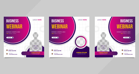 Set of business webinar social media template with circle frame and white purple background