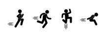 Set Of Human Figurines, Running And Jumping People, Stick Figure Pictogram Man, Stickman Isolated On White Background