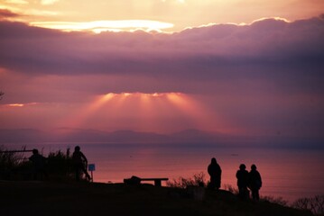 Poster - Angel ’s ladder or Jacob's ladder. A natural phenomenon in which the sun shines through the clouds. 