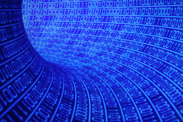 3D rendering of running binary codes on a blue blurry background