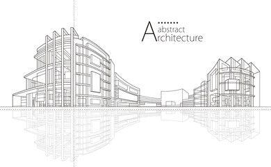 Aufkleber - 3D illustration linear drawing. Imagination architecture urban building design, architecture modern abstract background. 