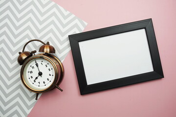 Canvas Print - Alarm clock and Space Mock up on pink background