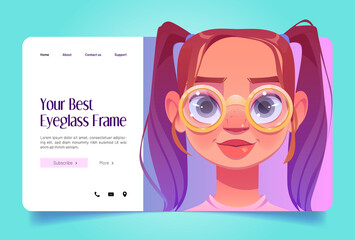 Best eyeglasses frame banner with cute girl in glasses with gold round rim. Vector landing page of fashion optic with cartoon illustration of young woman with spectacles