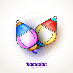 Sticker - Glowing colorful lanterns on floral design decorated background for Islamic Holy Month, Ramadan Mubarak.