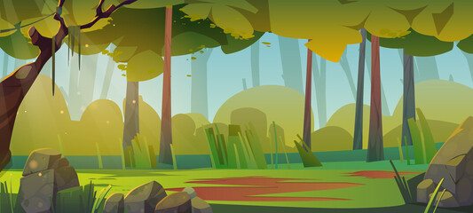 Wall Mural - Summer forest landscape with glade, green grass and trees. Vector cartoon illustration of deep woods scene with trees, bushes, stones and sunlight. Spring woodland or nature park panorama